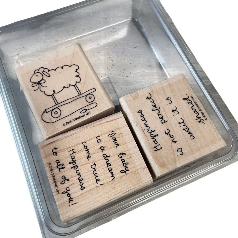 Stampin Up! Happiness Baby Sheep Rubber Stamp‎ Set With Wooden Blocks
